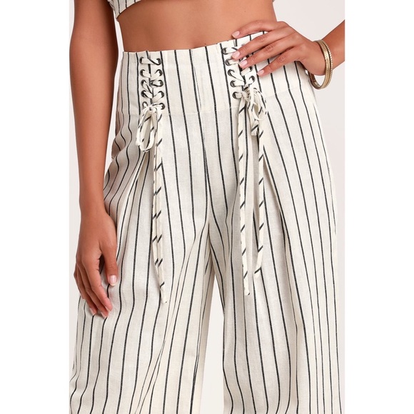 Henmar Ivory Striped Lace-up Wide-leg pants - Picture 2 of 5